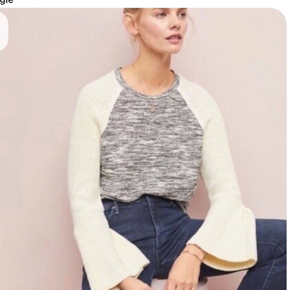ANTHROPOLOGIE DOLAN Cream Bell Sleeved Grey Marled Sweater-XS